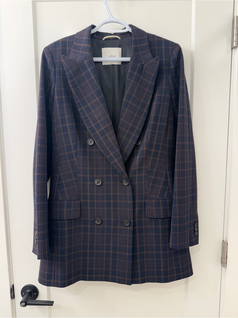 Wilfred Margaux Plaid Double-Breasted Blazer - Navy and Brown